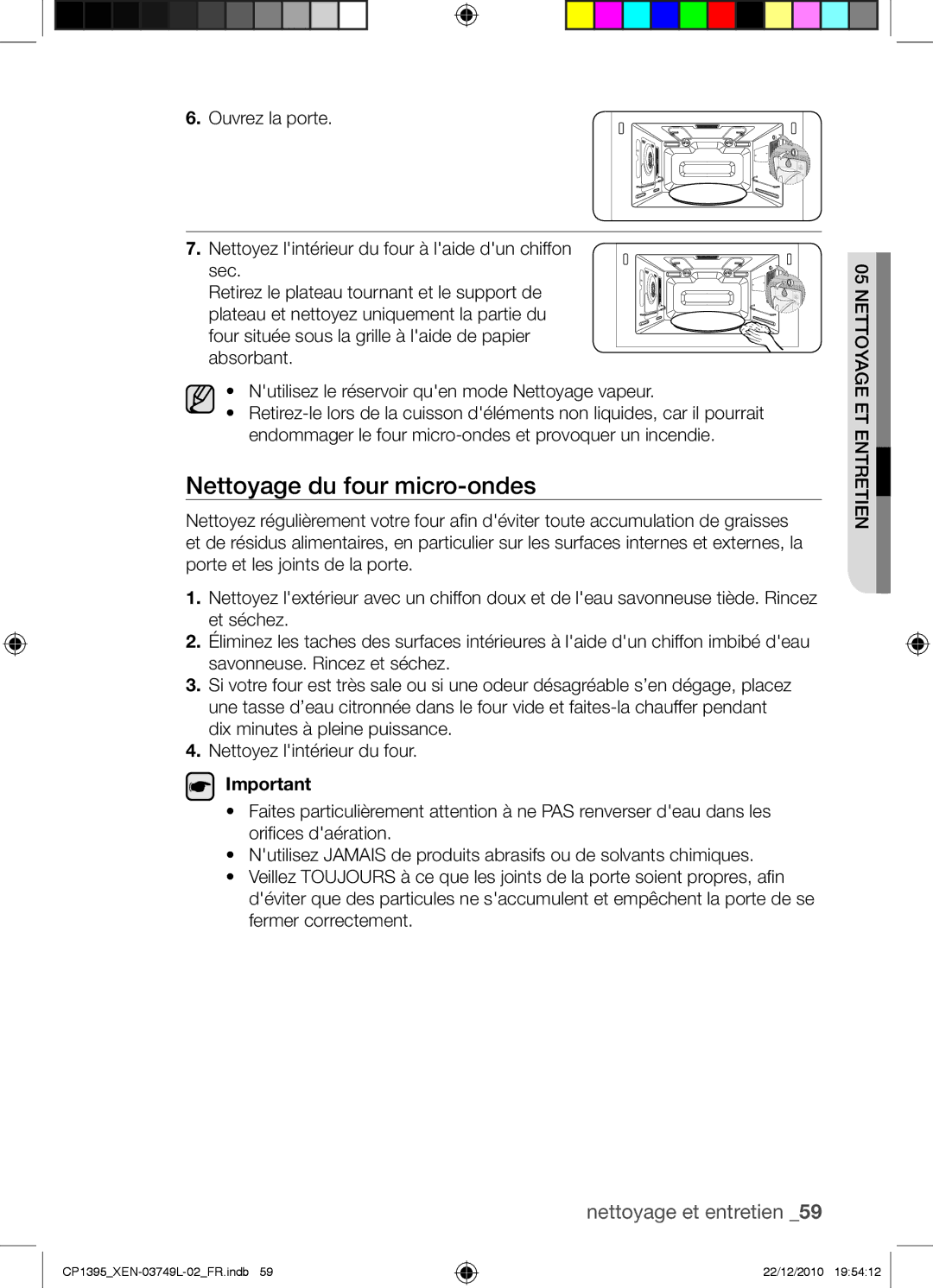 Samsung CP1395-S/XEN manual Nettoyage du four micro-ondes 