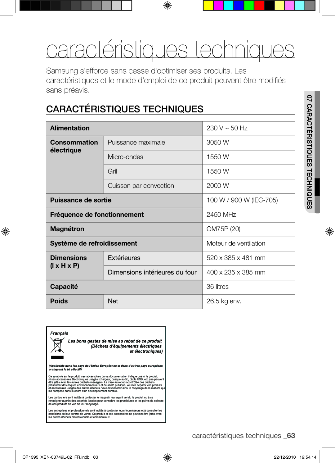 Samsung CP1395-S/XEN manual Caractéristiques techniques 