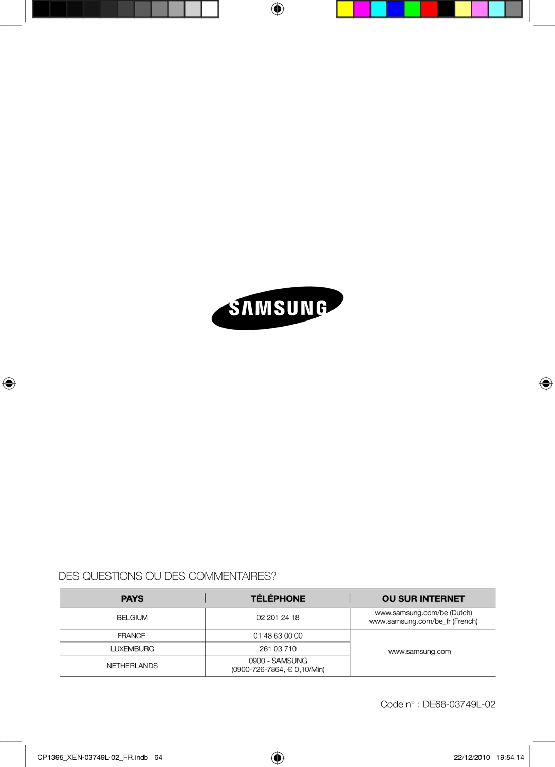 Samsung CP1395-S/XEN manual Code n DE68-03749L-02 