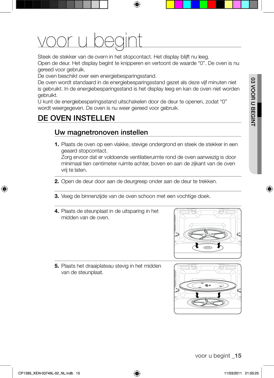 Samsung CP1395-S/XEN manual Voor u begint, De oven instellen, Uw magnetronoven instellen 