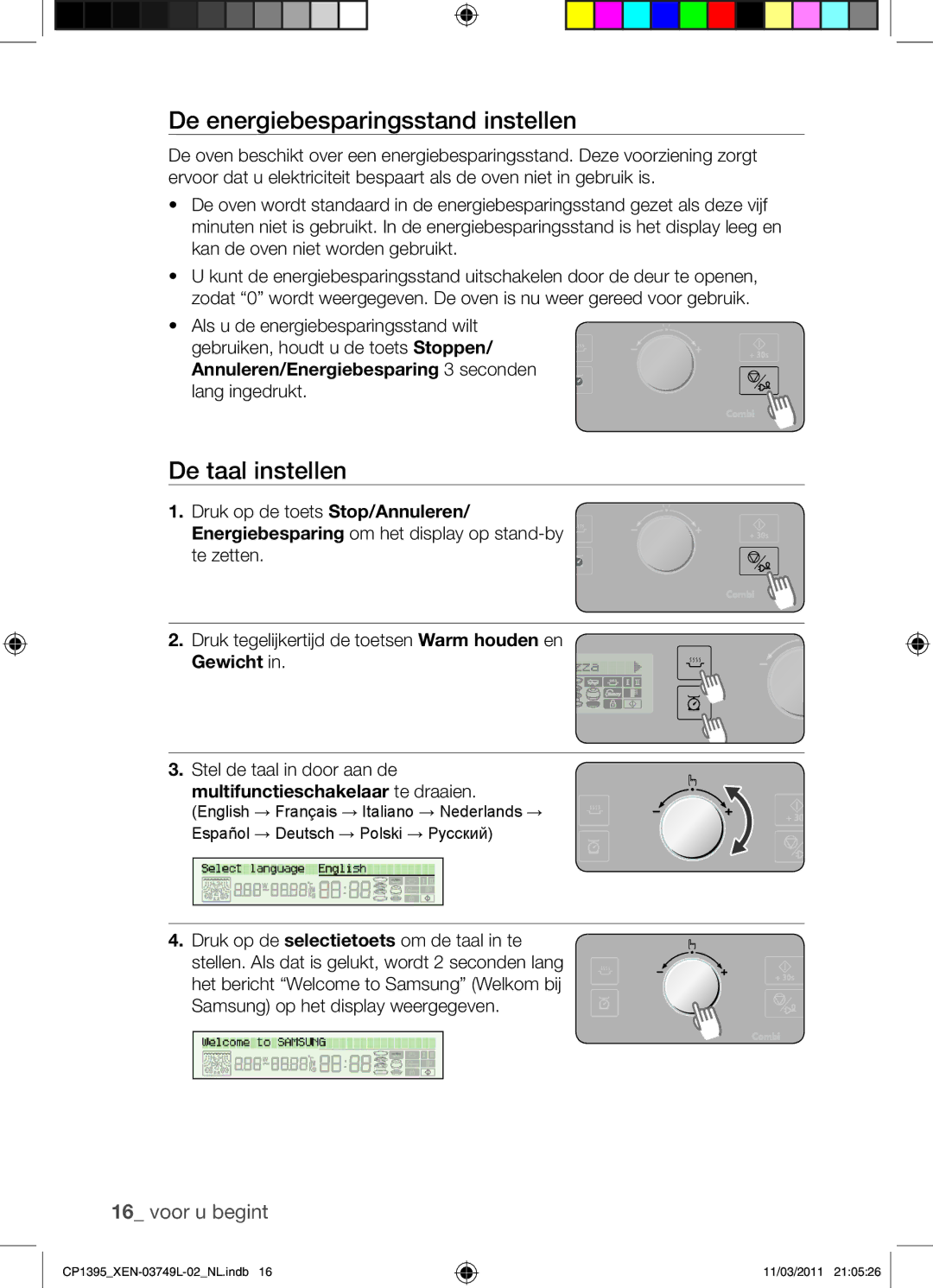 Samsung CP1395-S/XEN manual De energiebesparingsstand instellen, De taal instellen, Multifunctieschakelaar te draaien 