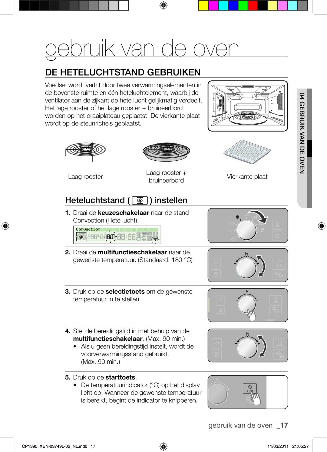 Samsung CP1395-S/XEN Gebruik van de oven, De heteluchtstand gebruiken, Heteluchtstand instellen, Druk op de starttoets 