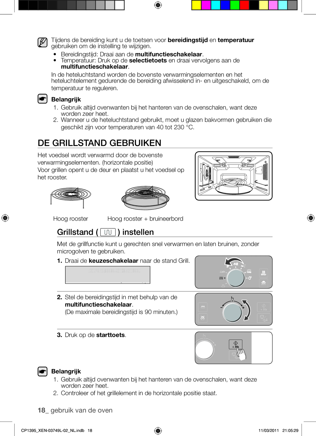 Samsung CP1395-S/XEN manual De grillstand gebruiken, Grillstand instellen, Belangrijk, Multifunctieschakelaar 