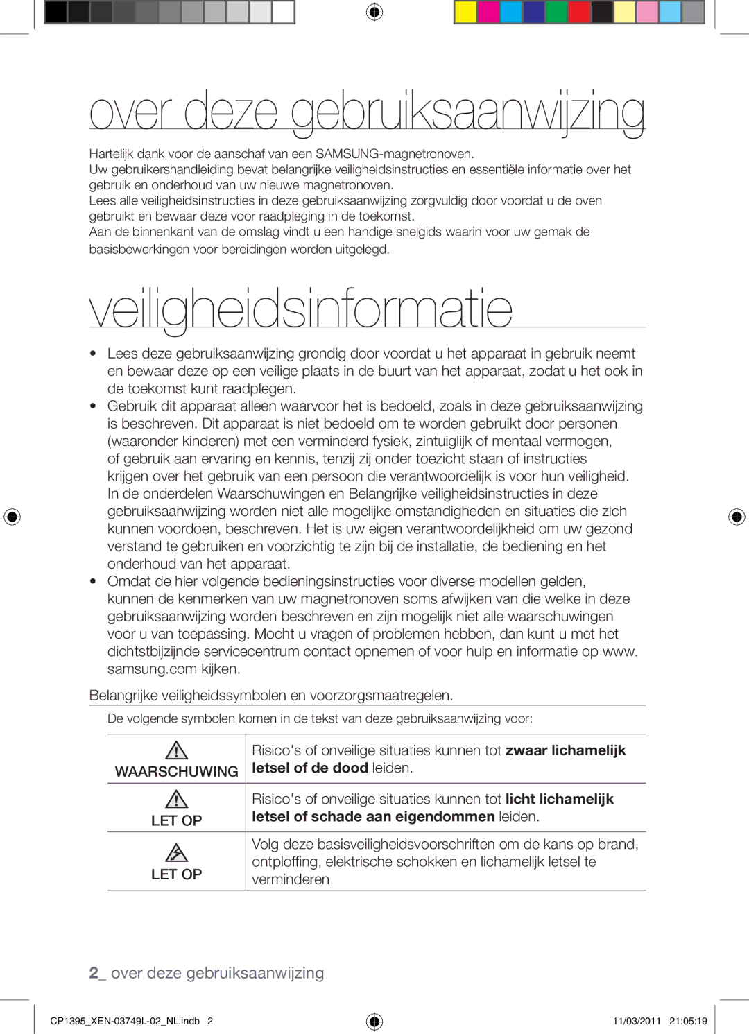 Samsung CP1395-S/XEN manual Veiligheidsinformatie, Letsel of de dood leiden, Letsel of schade aan eigendommen leiden 