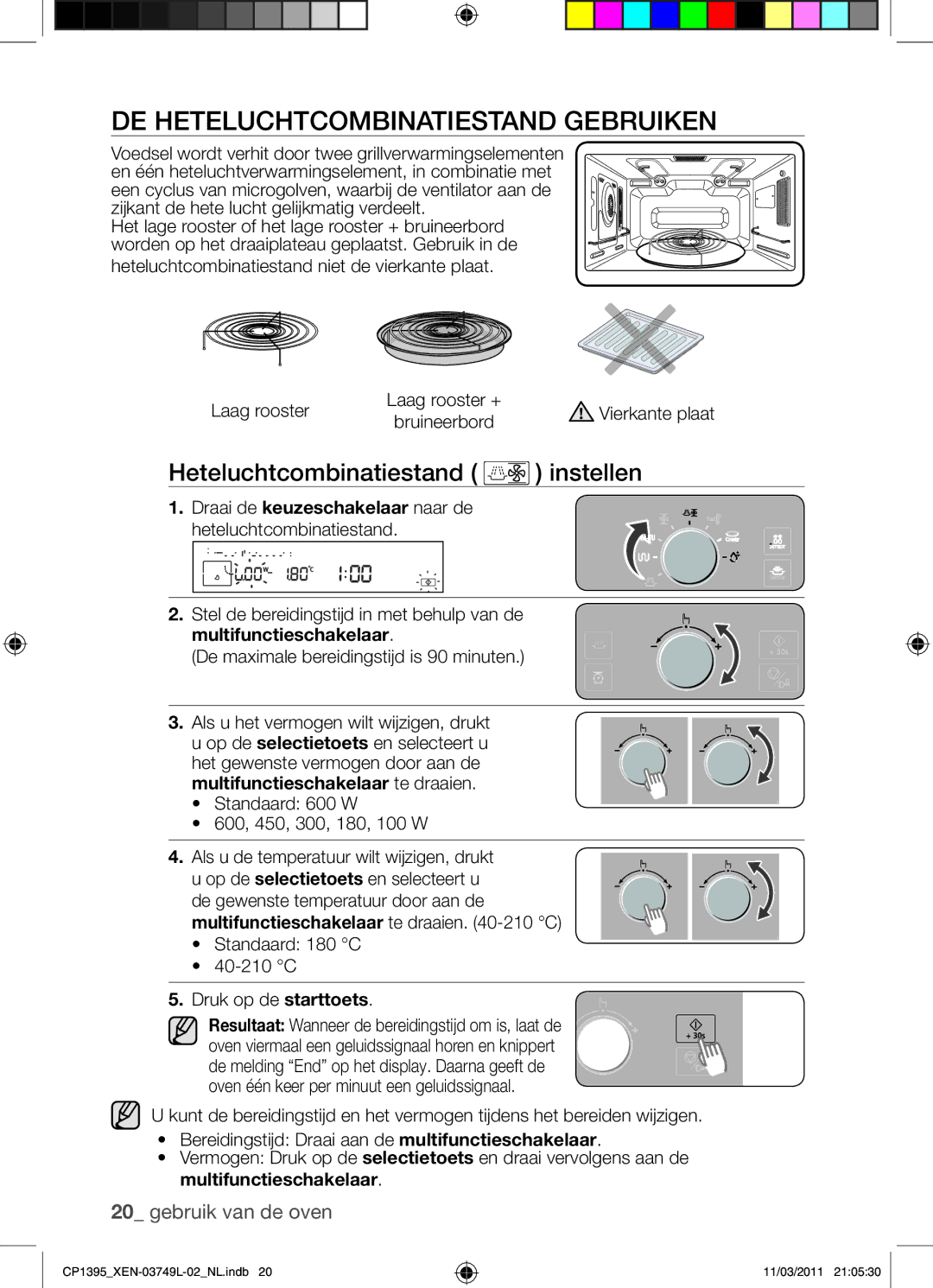 Samsung CP1395-S/XEN manual De heteluchtcombinatiestand gebruiken, Heteluchtcombinatiestand instellen 