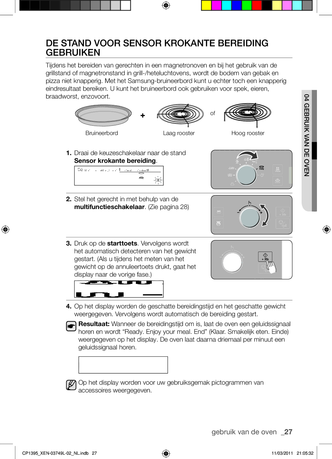 Samsung CP1395-S/XEN manual De stand voor sensor krokante bereiding gebruiken, Sensor krokante bereiding 