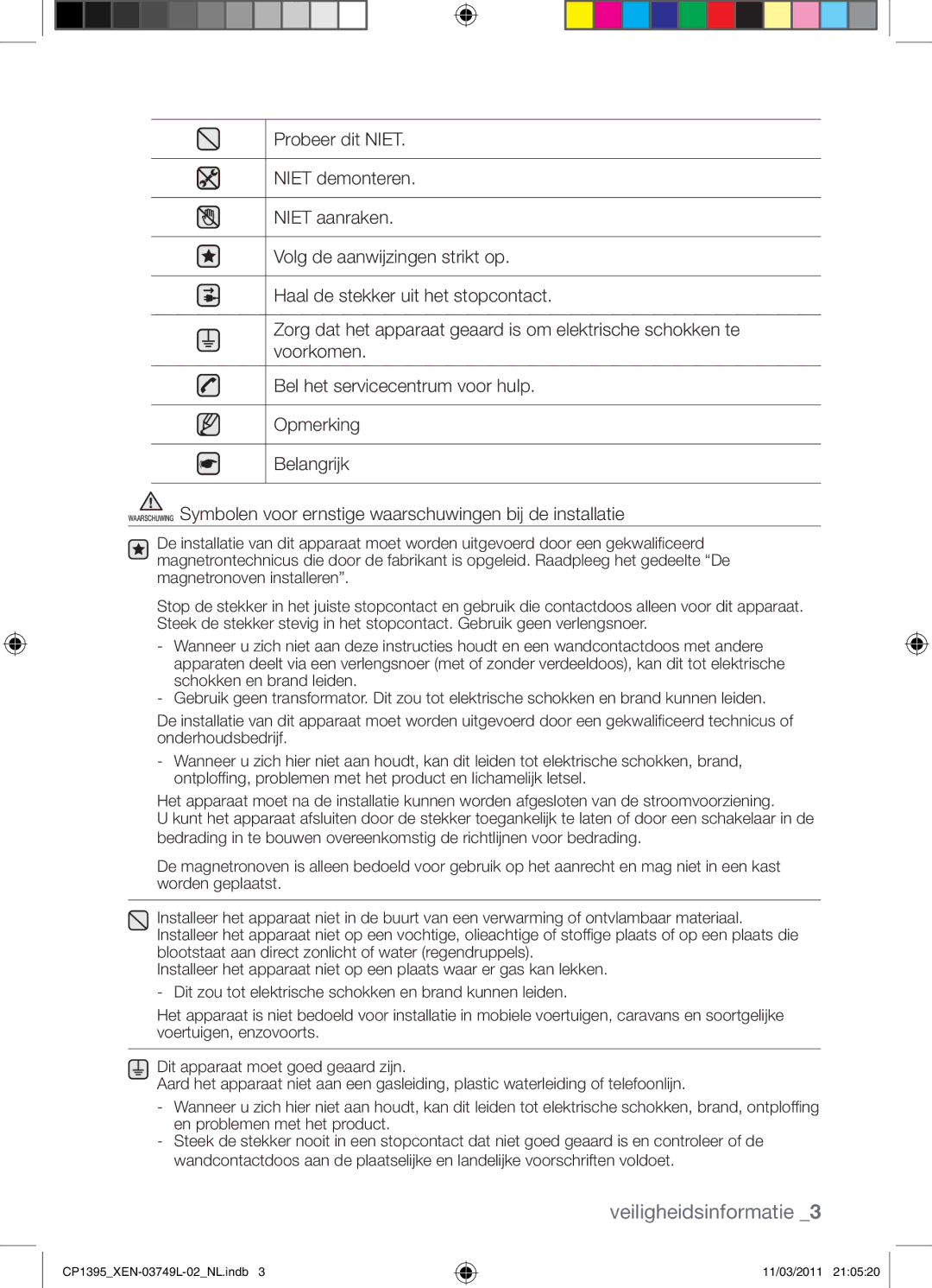 Samsung CP1395-S/XEN manual Veiligheidsinformatie 