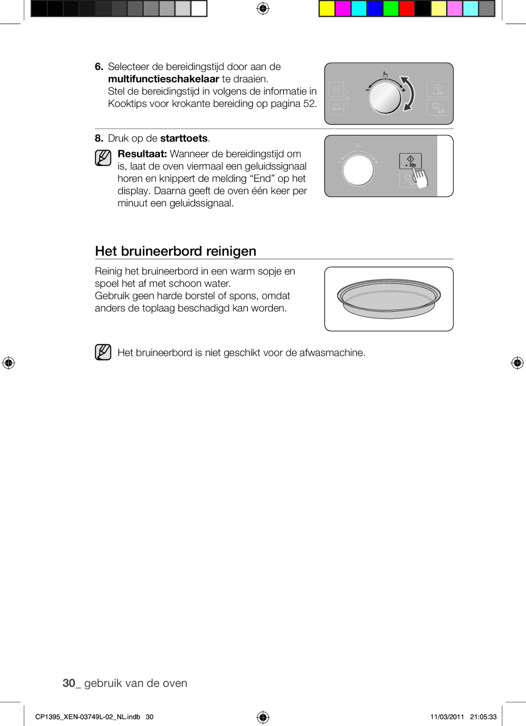 Samsung CP1395-S/XEN manual Het bruineerbord reinigen, Multifunctieschakelaar te draaien 