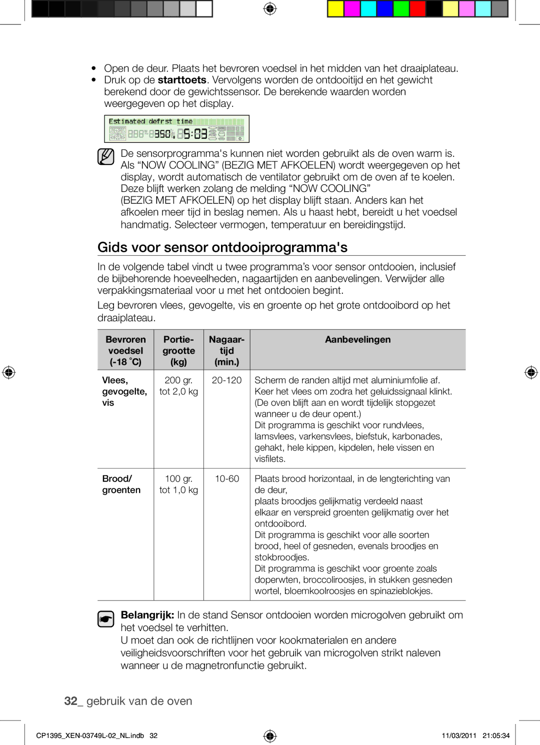 Samsung CP1395-S/XEN manual Gids voor sensor ontdooiprogrammas, Bevroren Portie Nagaar Aanbevelingen 