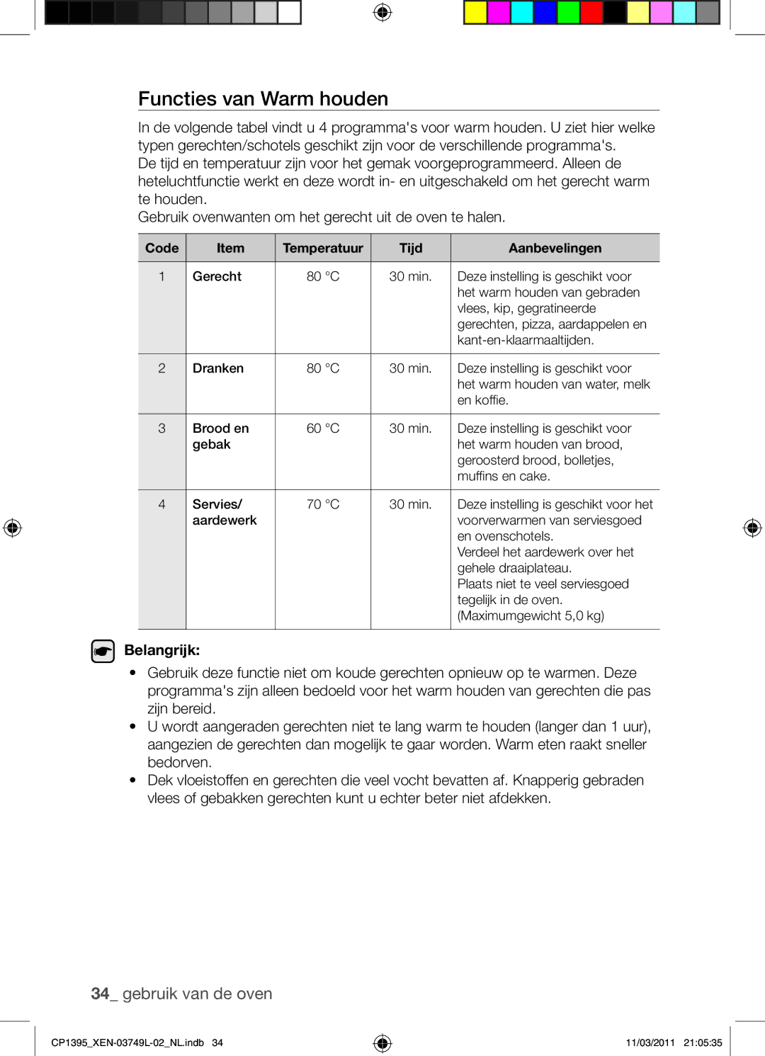 Samsung CP1395-S/XEN manual Functies van Warm houden, Code, Tijd Aanbevelingen 