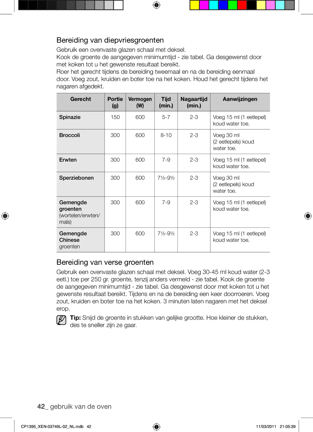 Samsung CP1395-S/XEN manual Bereiding van diepvriesgroenten, Bereiding van verse groenten, Gerecht Portie 