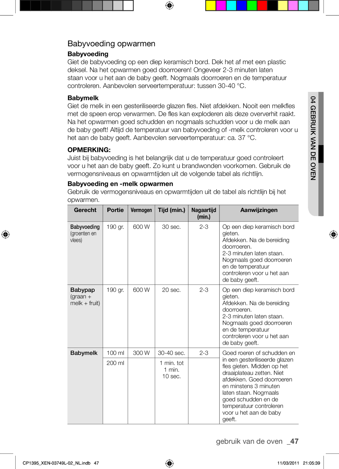 Samsung CP1395-S/XEN manual Babyvoeding opwarmen, Babymelk, Babyvoeding en -melk opwarmen, Tijd min 