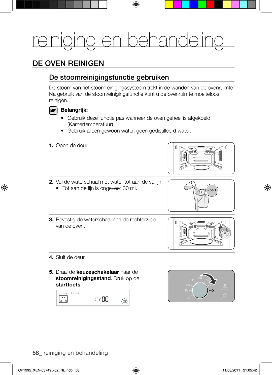 Samsung CP1395-S/XEN manual Reiniging en behandeling, De oven reinigen, De stoomreinigingsfunctie gebruiken 