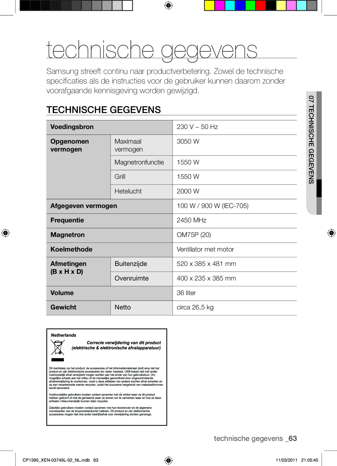 Samsung CP1395-S/XEN manual Technische gegevens 