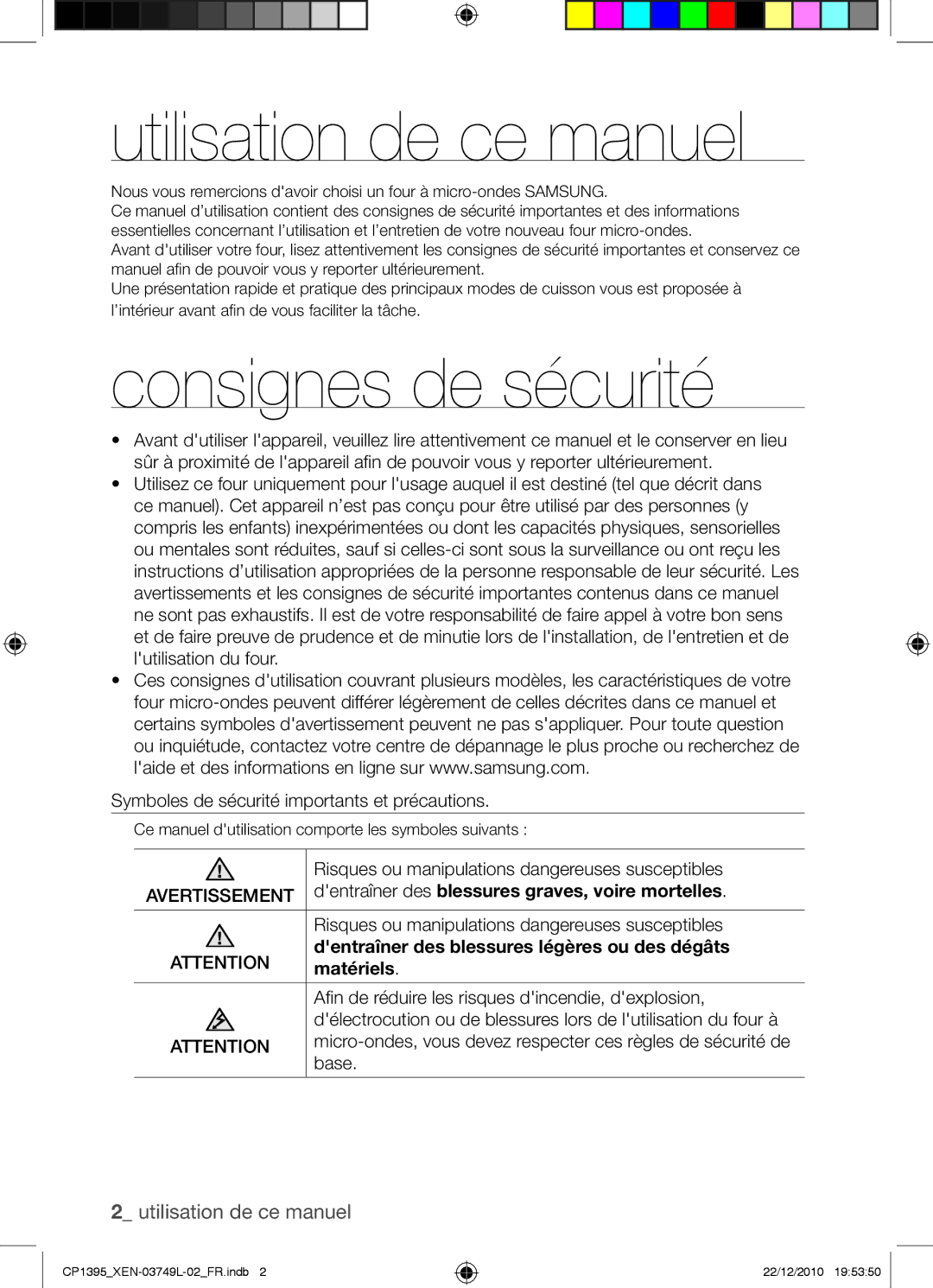 Samsung CP1395-S/XEN Utilisation de ce manuel, Consignes de sécurité, Dentraîner des blessures graves, voire mortelles 