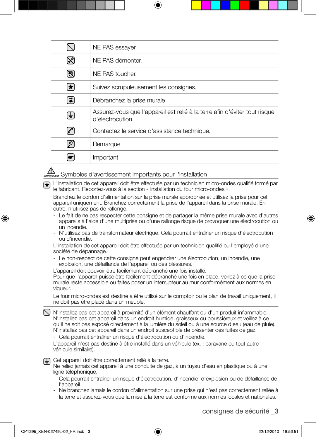 Samsung CP1395-S/XEN manual Consignes de sécurité 