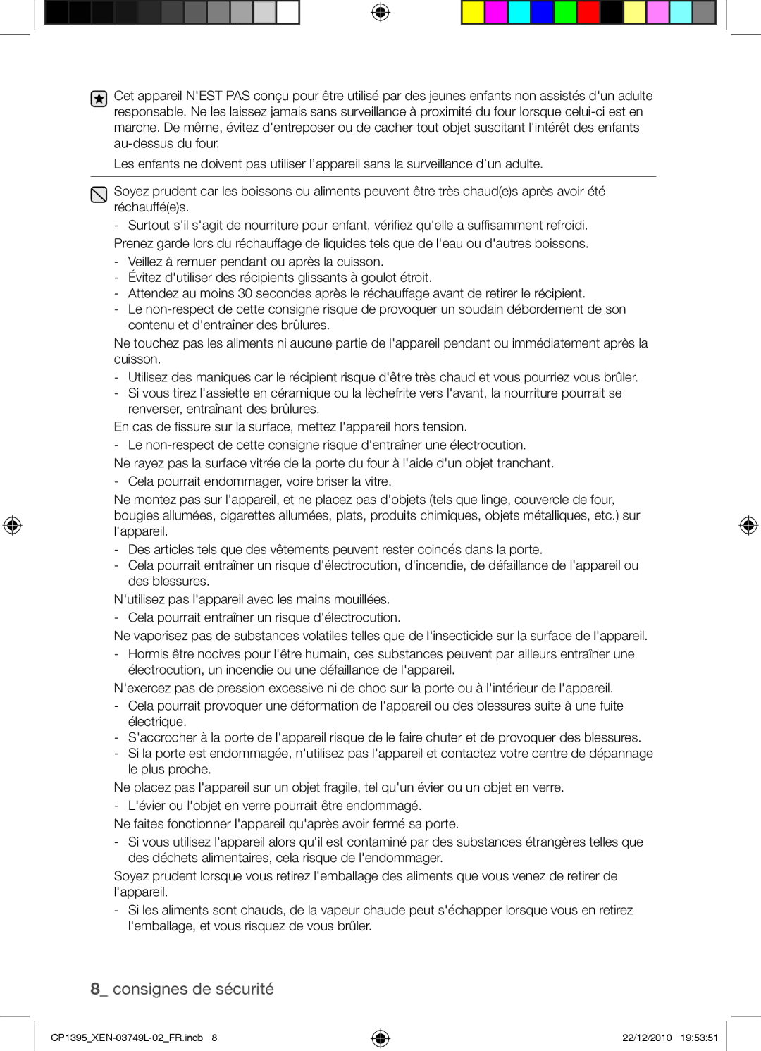 Samsung CP1395-S/XEN manual Consignes de sécurité 