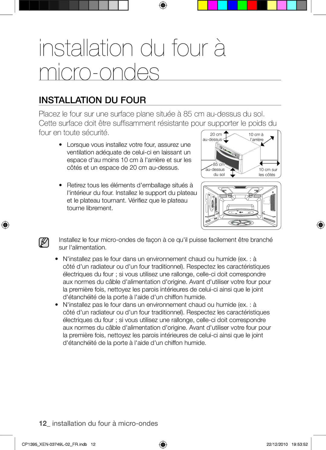 Samsung CP1395-S/XEN manual Installation du four à micro-ondes 