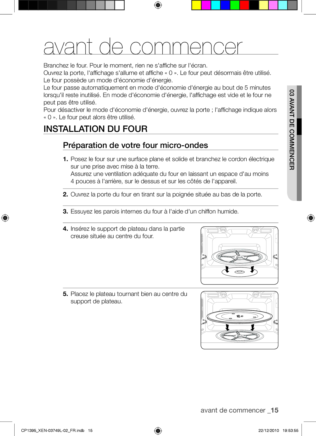 Samsung CP1395-S/XEN manual Avant de commencer, Préparation de votre four micro-ondes 