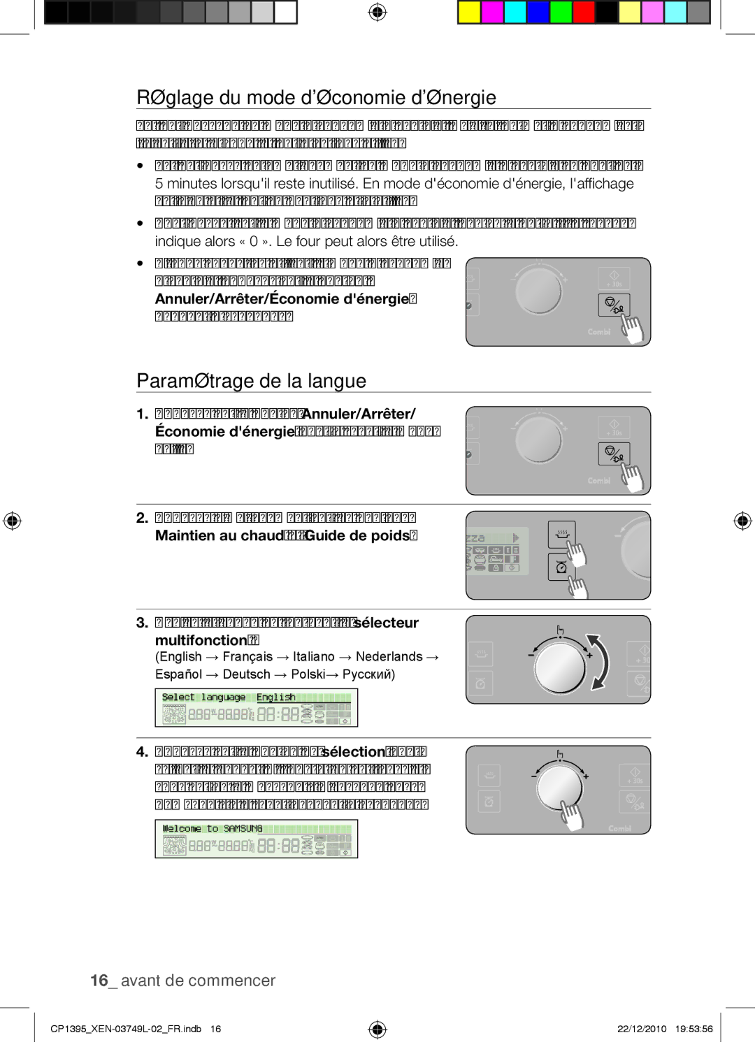 Samsung CP1395-S/XEN manual Réglage du mode déconomie dénergie, Paramétrage de la langue, Annuler/Arrêter/Économie dénergie 