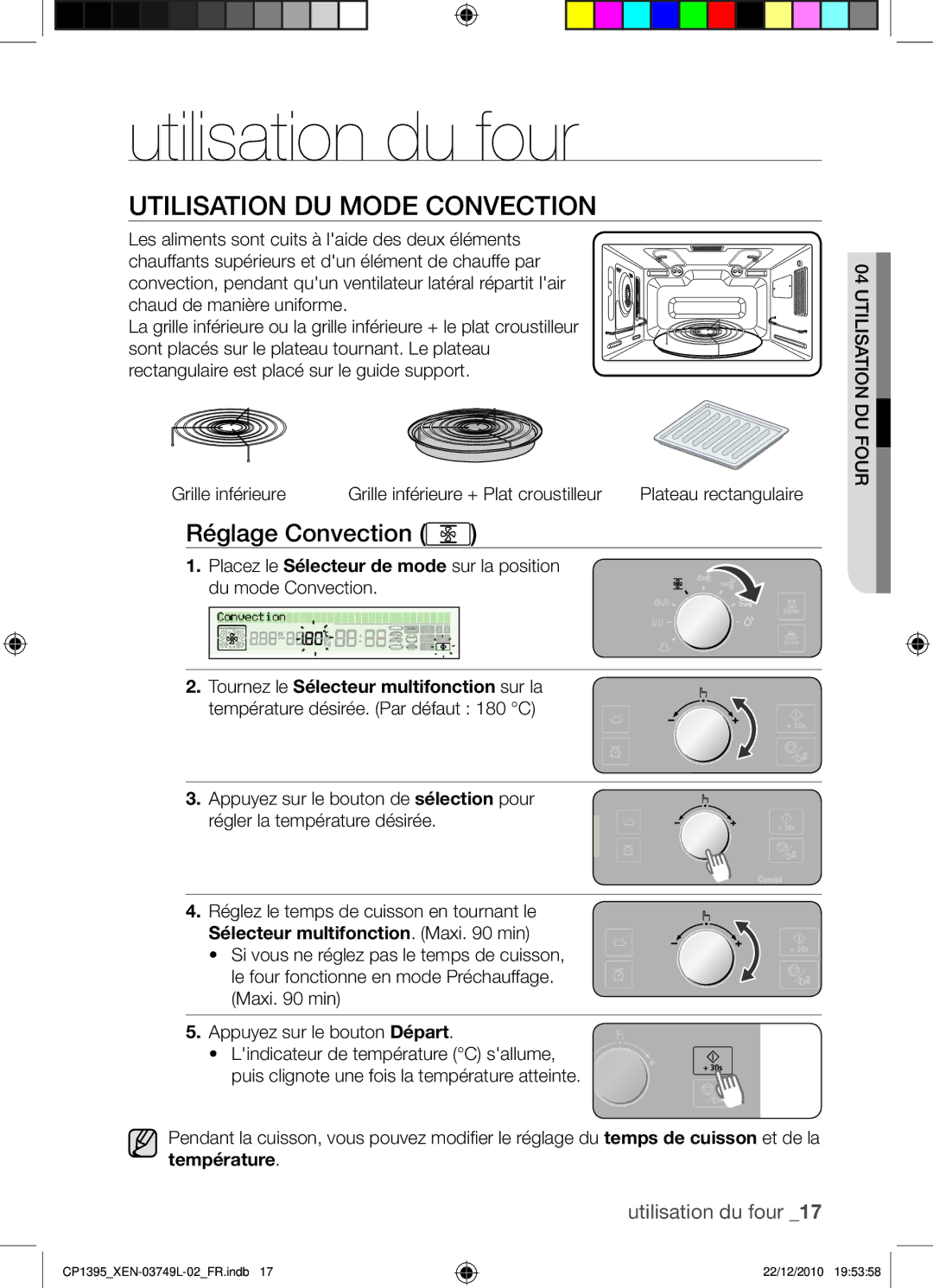 Samsung CP1395-S/XEN manual Utilisation du four, Utilisation du mode Convection, Réglage Convection 