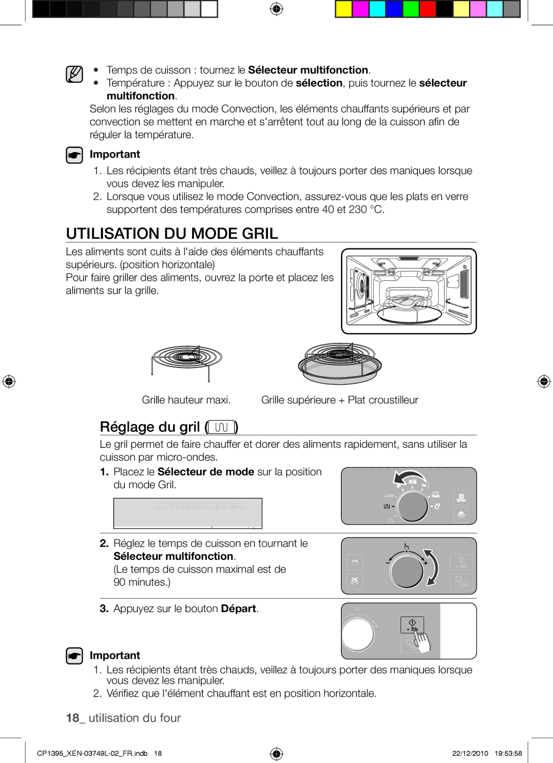 Samsung CP1395-S/XEN manual Utilisation du mode Gril, Réglage du gril 