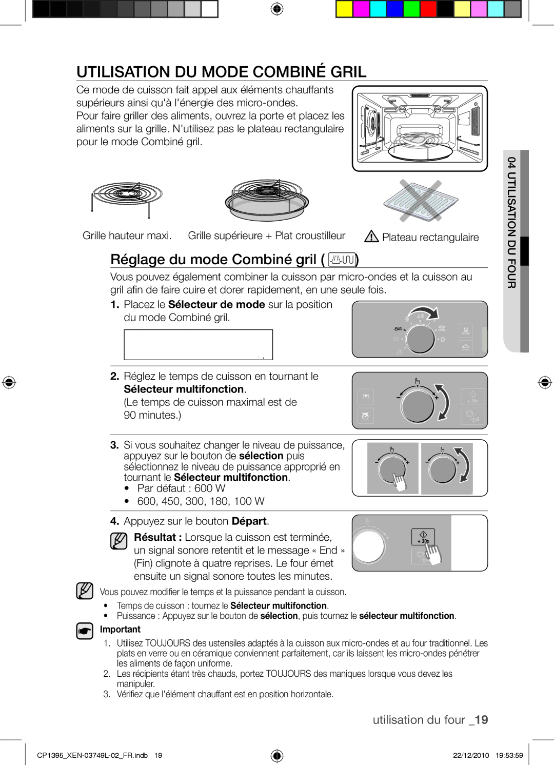 Samsung CP1395-S/XEN manual Utilisation du mode Combiné gril, Réglage du mode Combiné gril, Sélecteur multifonction 