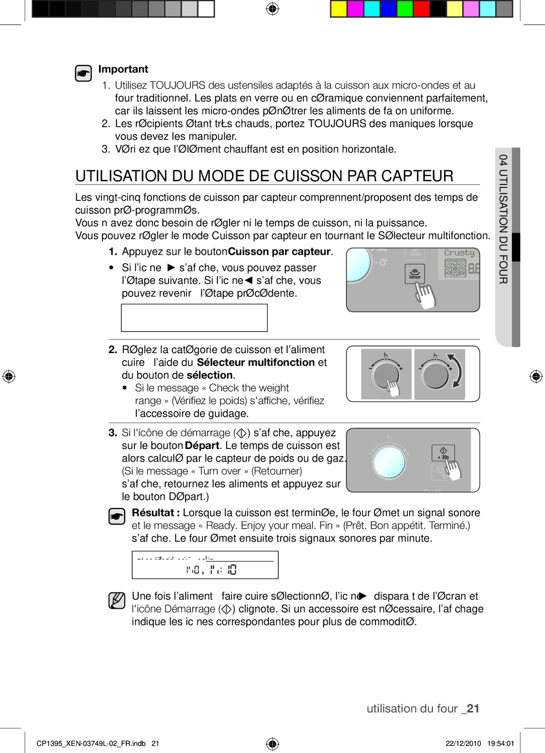 Samsung CP1395-S/XEN manual Utilisation du mode de cuisson par capteur, Le bouton Départ 