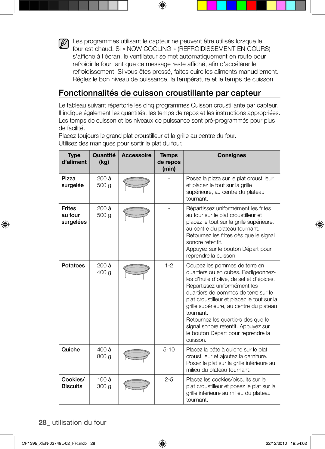 Samsung CP1395-S/XEN manual Fonctionnalités de cuisson croustillante par capteur, Type, Accessoire Temps Consignes ’aliment 