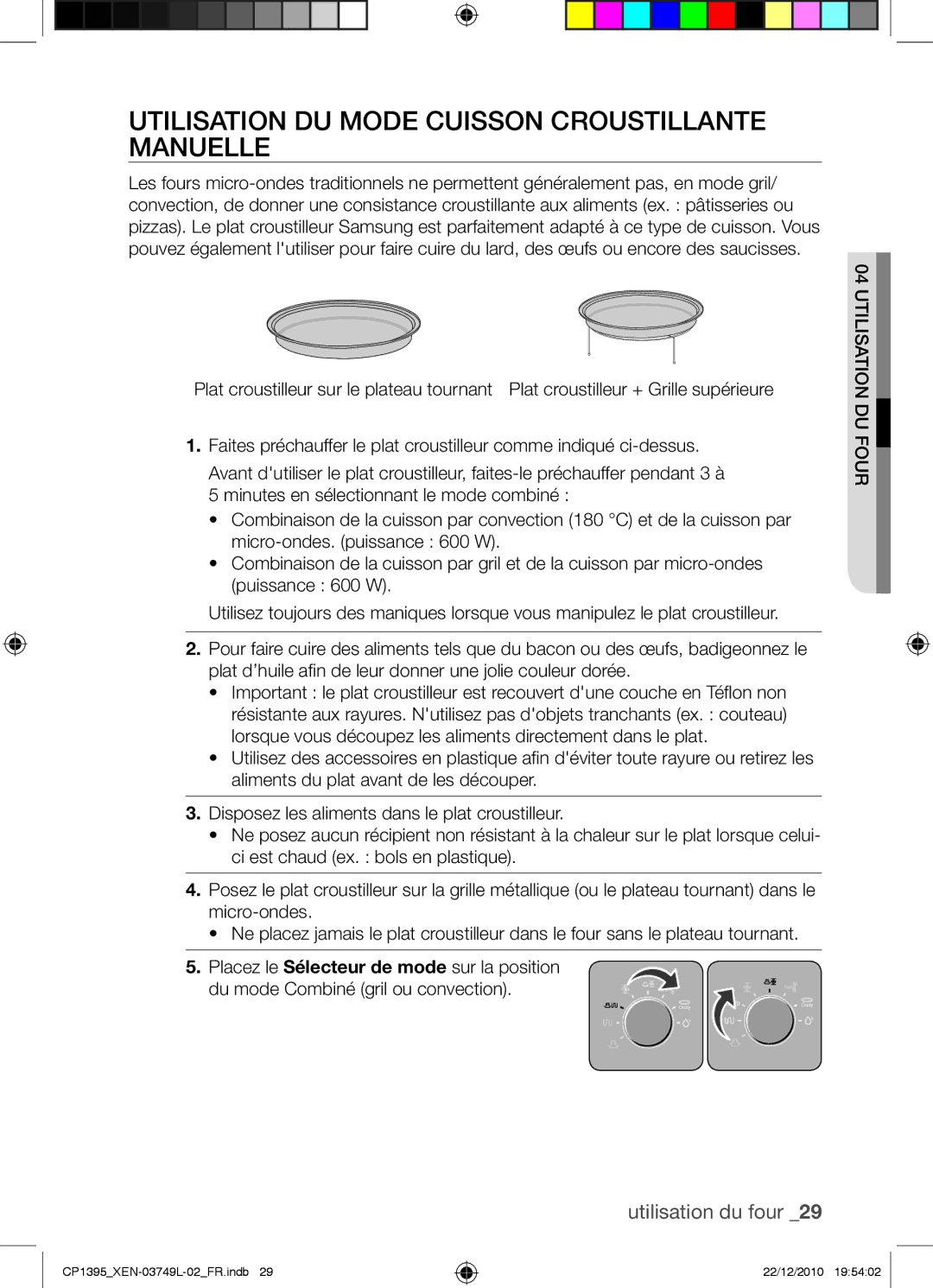 Samsung CP1395-S/XEN manual Utilisation du mode Cuisson croustillante manuelle 