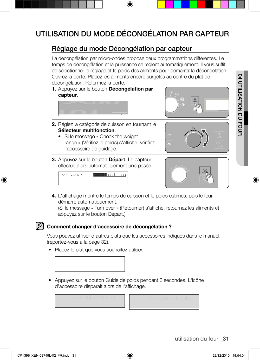 Samsung CP1395-S/XEN Utilisation du mode Décongélation par capteur, Réglage du mode Décongélation par capteur, Capteur 