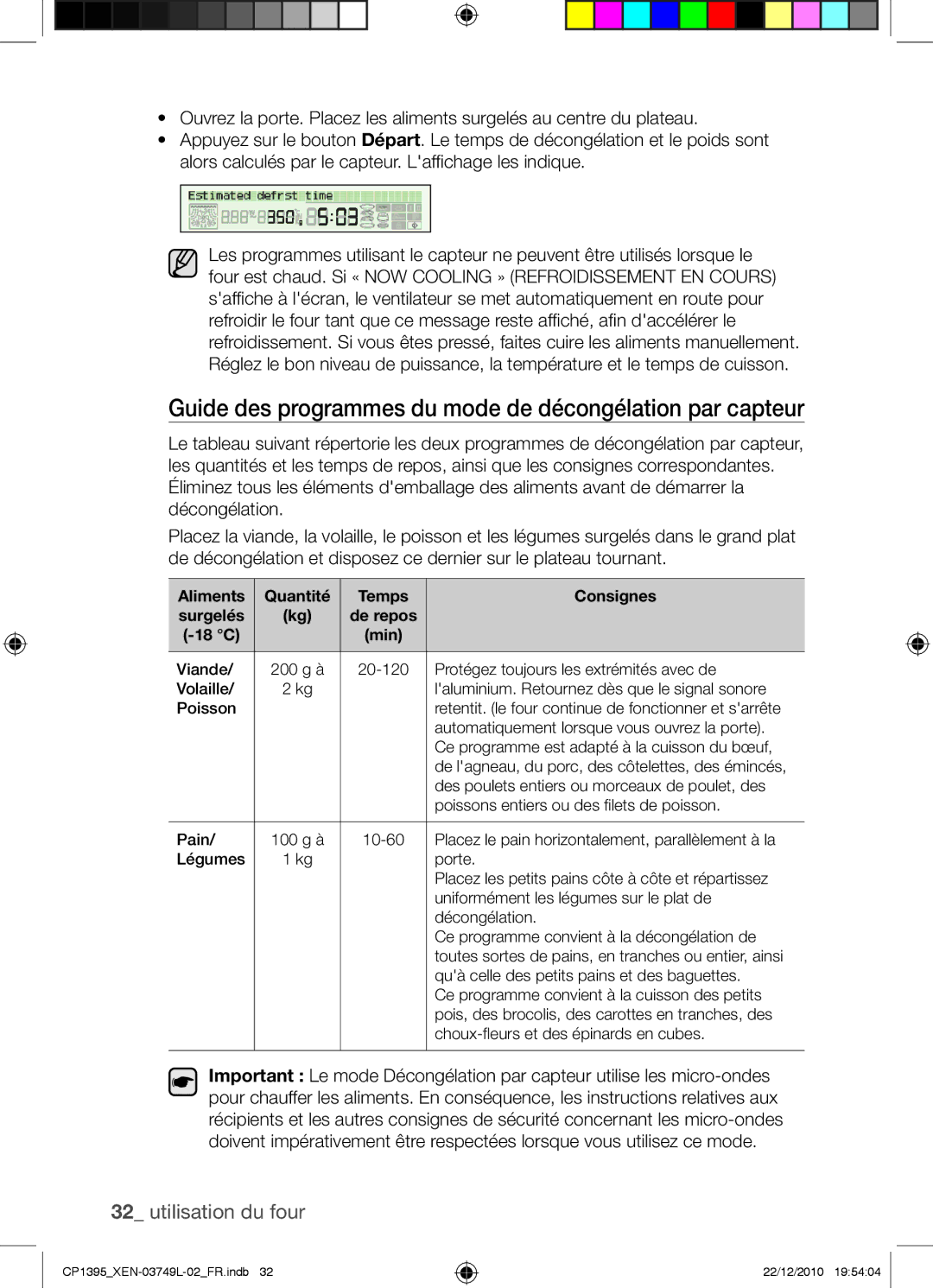 Samsung CP1395-S/XEN Guide des programmes du mode de décongélation par capteur, Aliments Quantité Temps Consignes Surgelés 