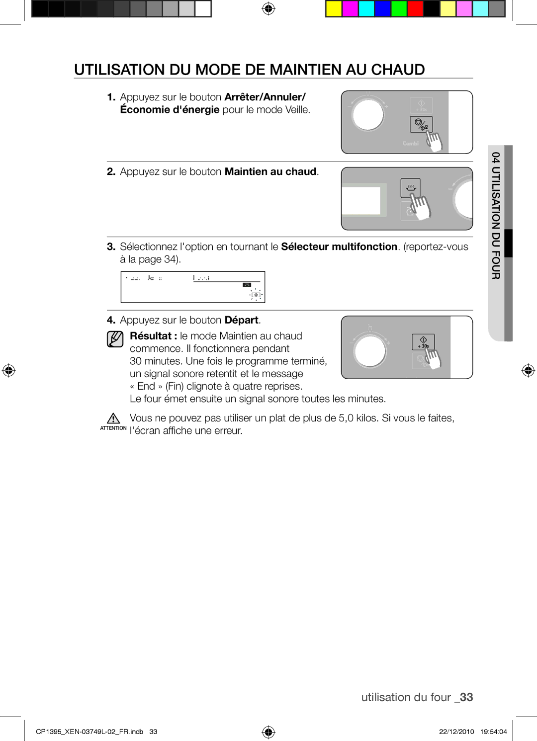 Samsung CP1395-S/XEN manual Utilisation du mode de maintien au chaud 