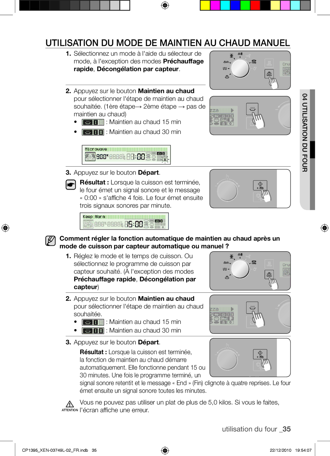 Samsung CP1395-S/XEN manual Utilisation du mode de maintien au chaud manuel 