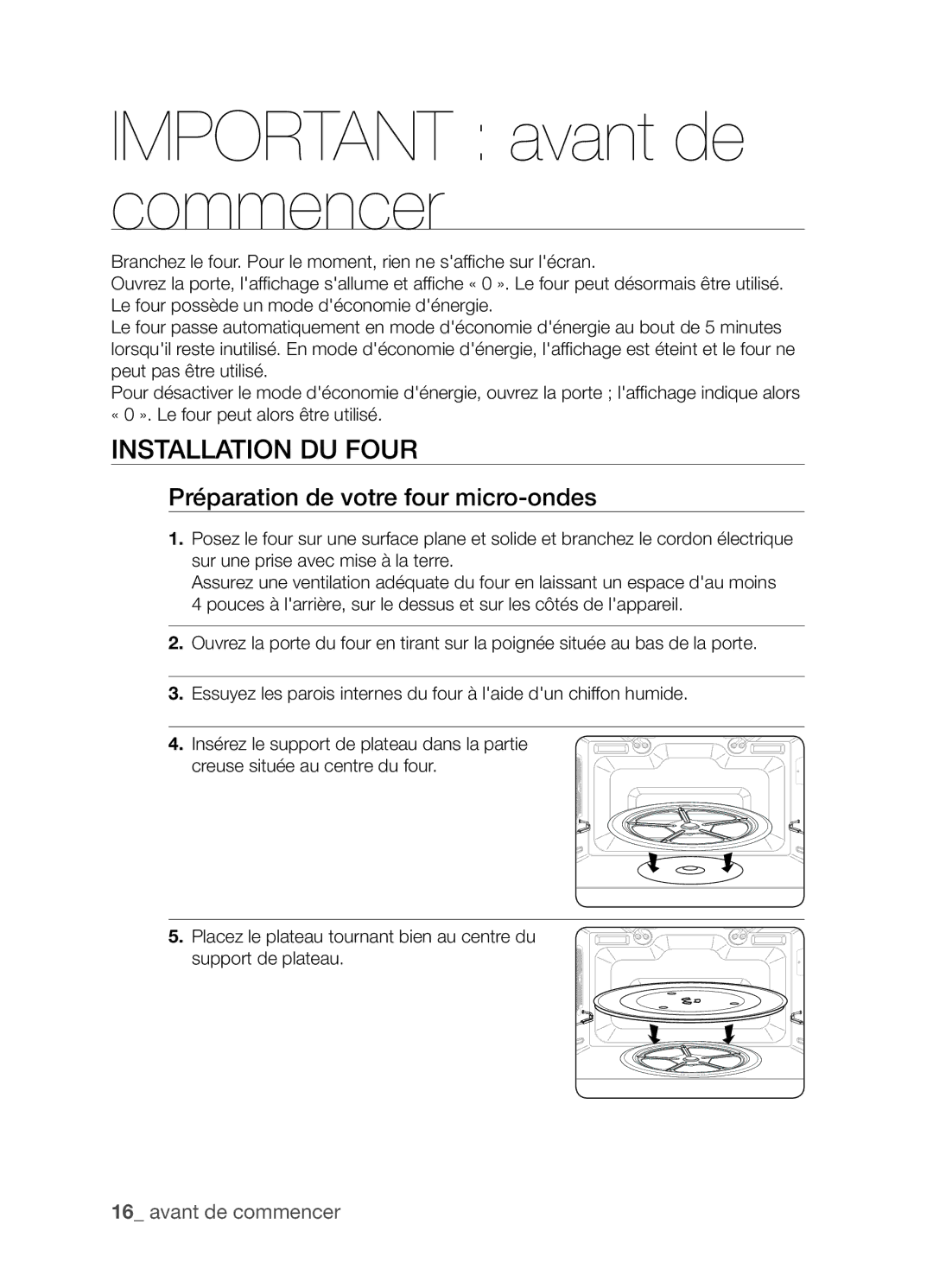 Samsung CP1395E-S/XEF manual Important avant de commencer, Préparation de votre four micro-ondes 