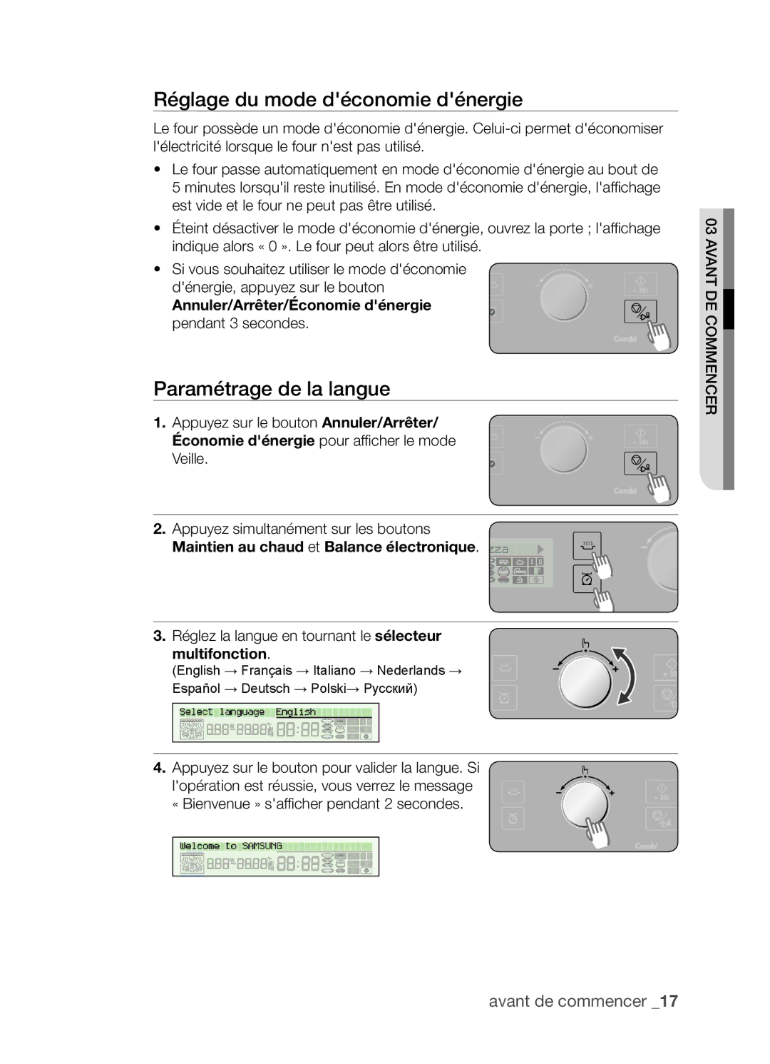 Samsung CP1395E-S/XEF Réglage du mode déconomie dénergie, Paramétrage de la langue, Annuler/Arrêter/Économie dénergie 