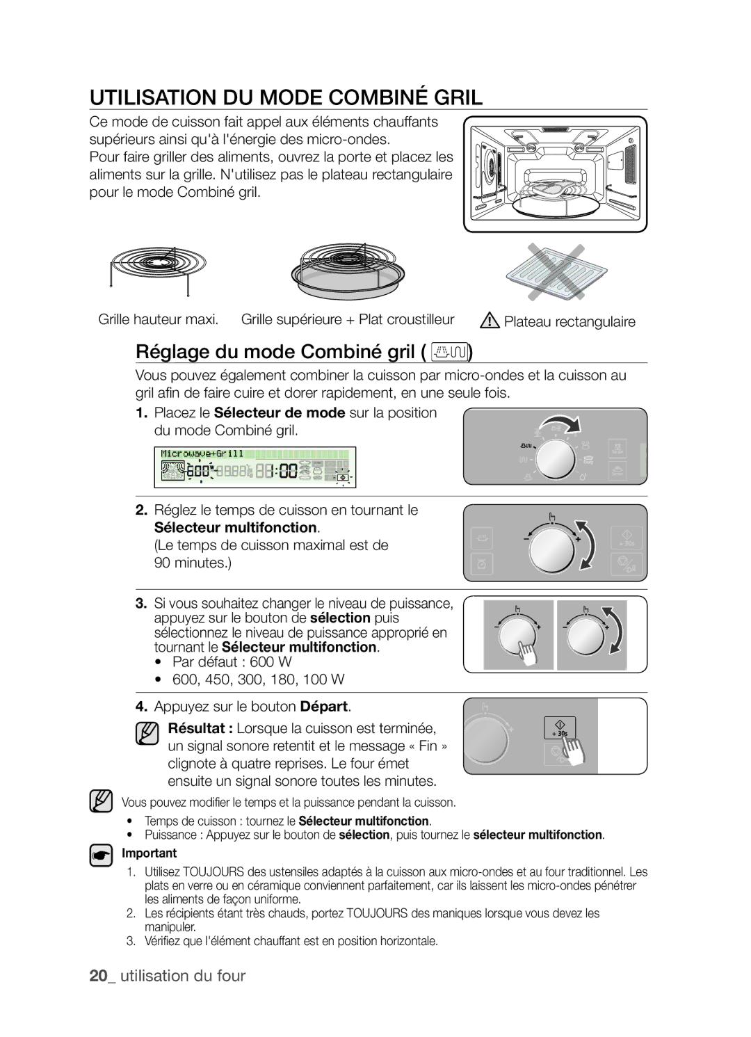 Samsung CP1395E-S/XEF manual Utilisation du mode Combiné gril, Réglage du mode Combiné gril, Sélecteur multifonction 