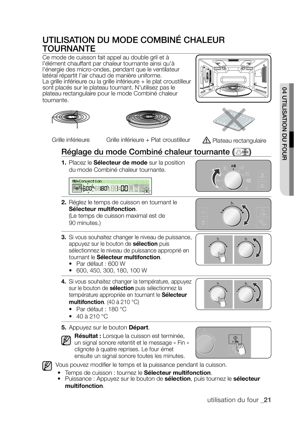 Samsung CP1395E-S/XEF manual Utilisation du mode Combiné chaleur tournante, Réglage du mode Combiné chaleur tournante 