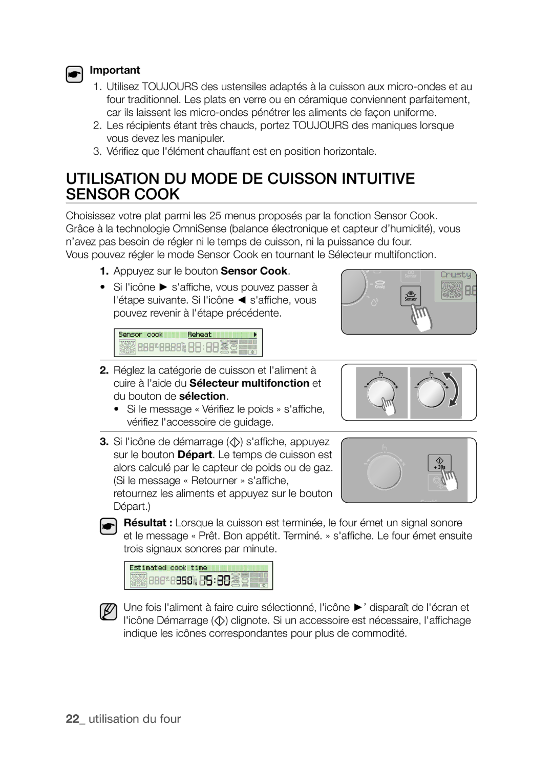 Samsung CP1395E-S/XEF manual Utilisation du mode DE Cuisson Intuitive Sensor Cook 