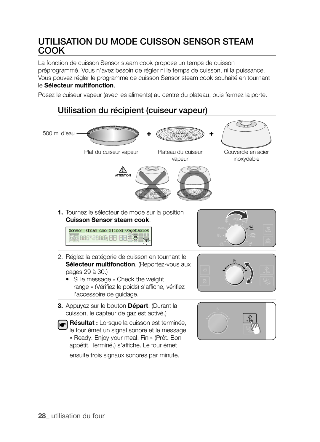 Samsung CP1395E-S/XEF manual Utilisation du mode Cuisson Sensor steam cook, Utilisation du récipient cuiseur vapeur 