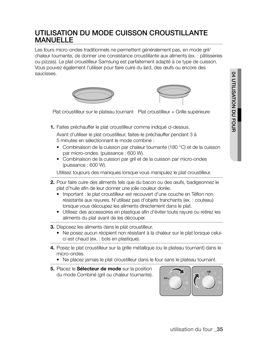 Samsung CP1395E-S/XEF manual Utilisation du mode Cuisson croustillante manuelle 