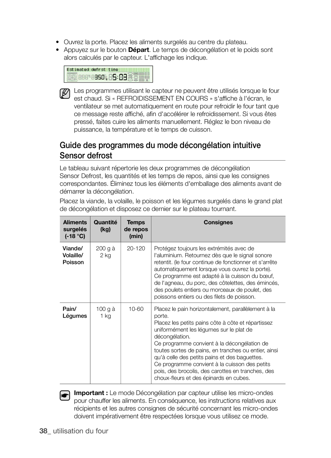 Samsung CP1395E-S/XEF manual Aliments Quantité Temps Consignes Surgelés, 18 C 