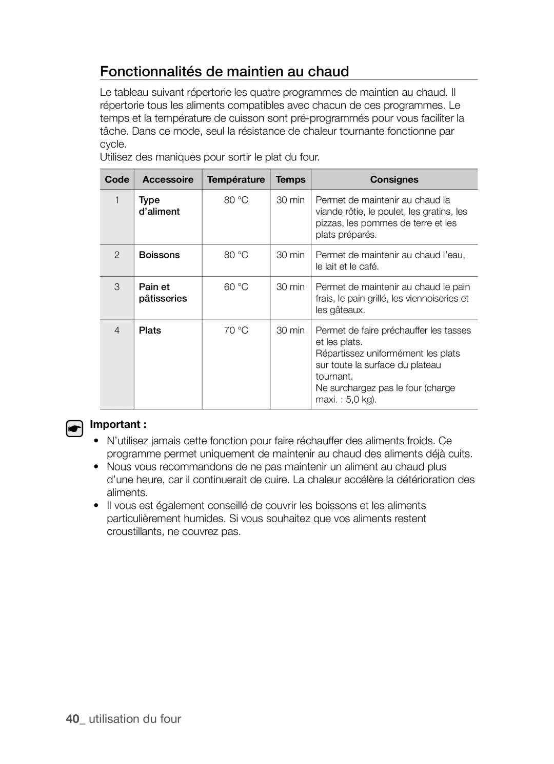 Samsung CP1395E-S/XEF manual Fonctionnalités de maintien au chaud, Code Accessoire, Temps Consignes 