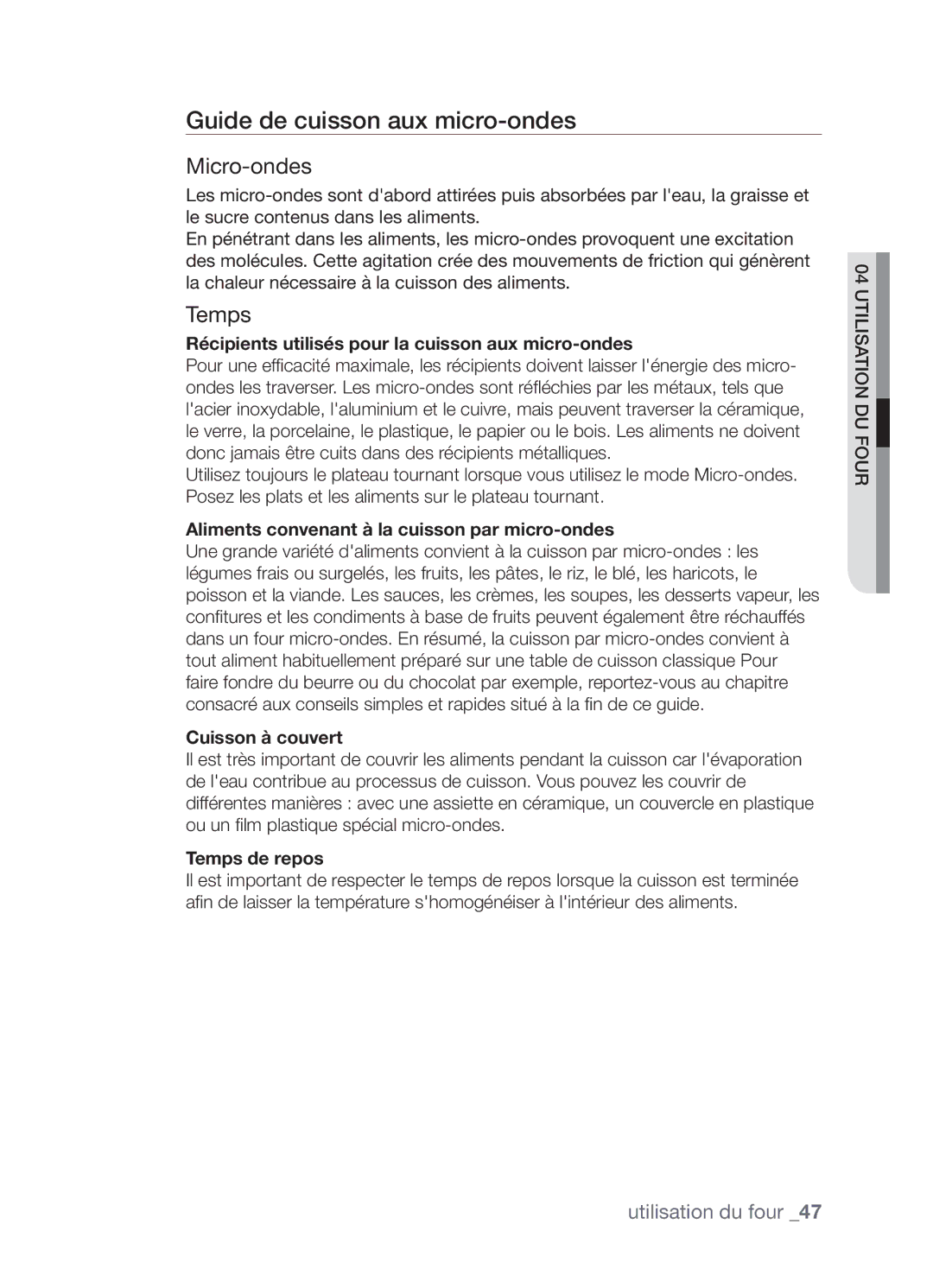 Samsung CP1395E-S/XEF manual Guide de cuisson aux micro-ondes, Micro-ondes, Temps 