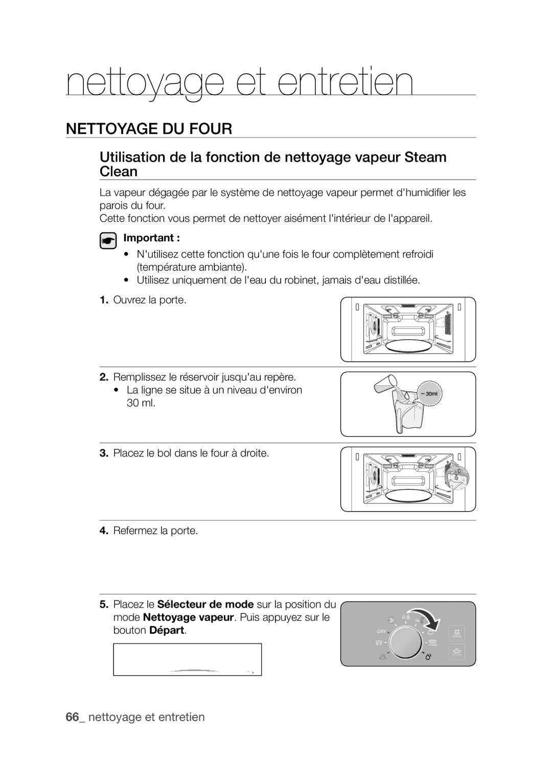 Samsung CP1395E-S/XEF manual Nettoyage du four, Utilisation de la fonction de nettoyage vapeur Steam Clean 