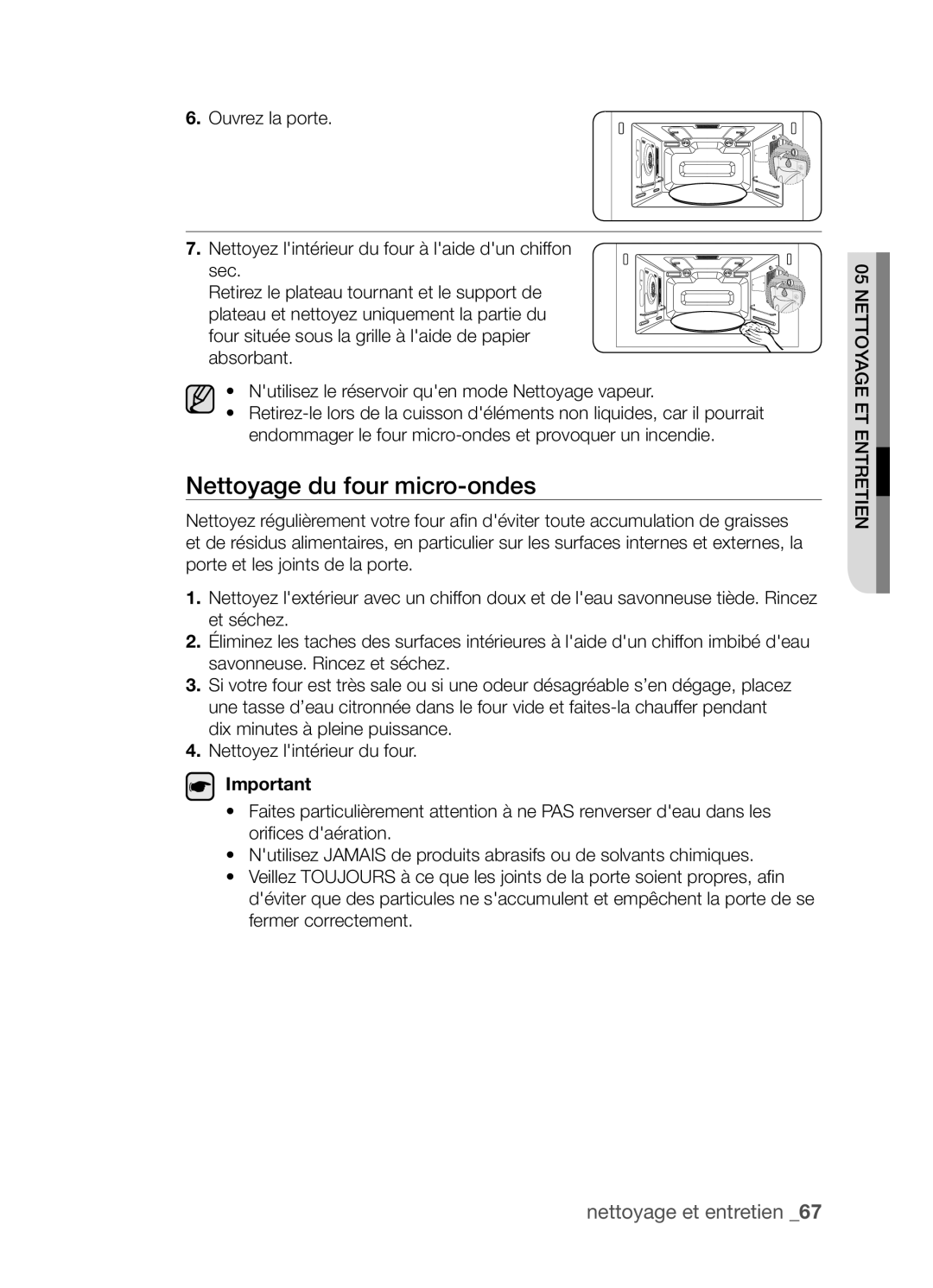 Samsung CP1395E-S/XEF manual Nettoyage du four micro-ondes 