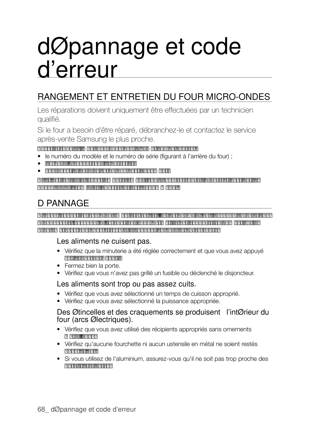 Samsung CP1395E-S/XEF manual Rangement et entretien du four micro-ondes, Dépannage, Les aliments ne cuisent pas 