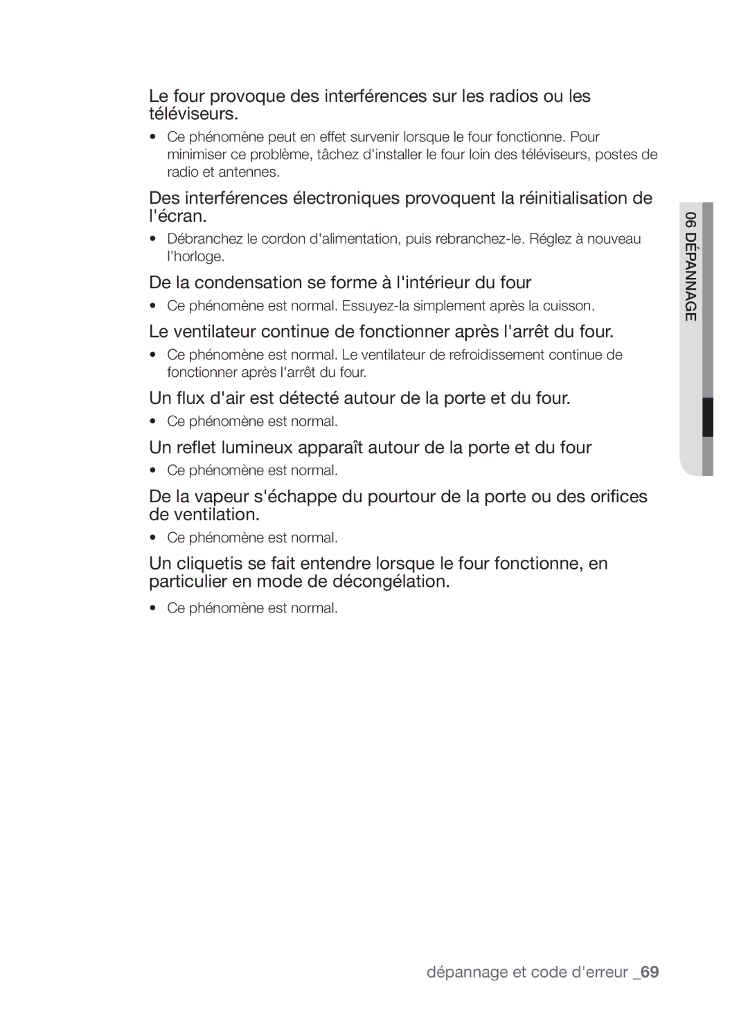 Samsung CP1395E-S/XEF manual De la condensation se forme à lintérieur du four 