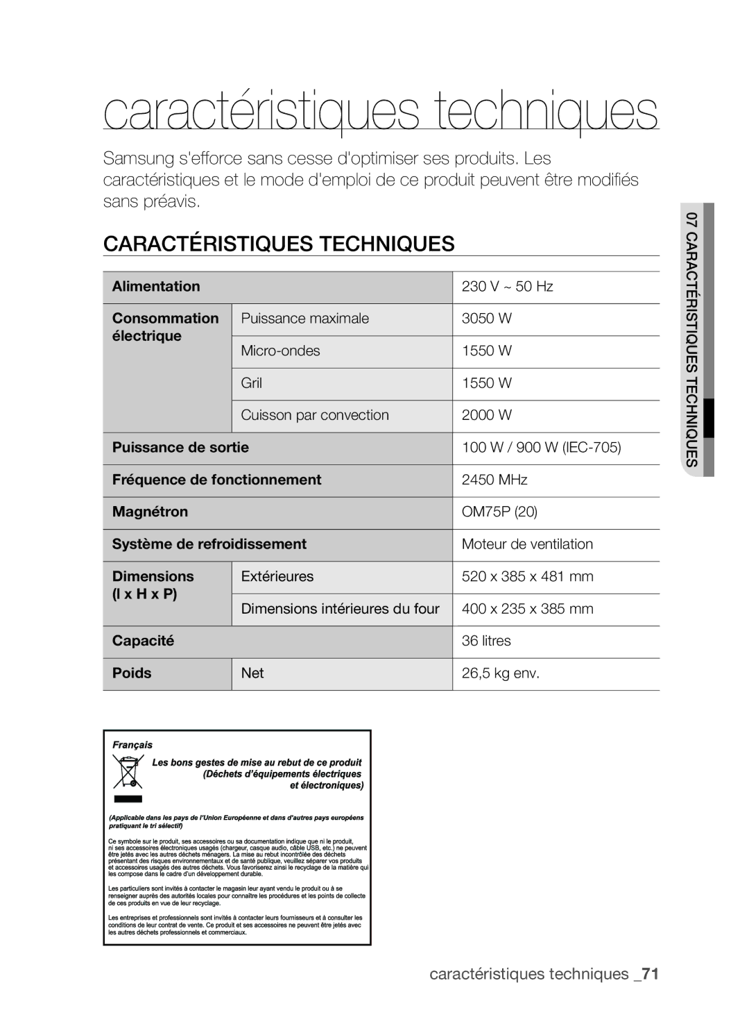 Samsung CP1395E-S/XEF manual Caractéristiques techniques 