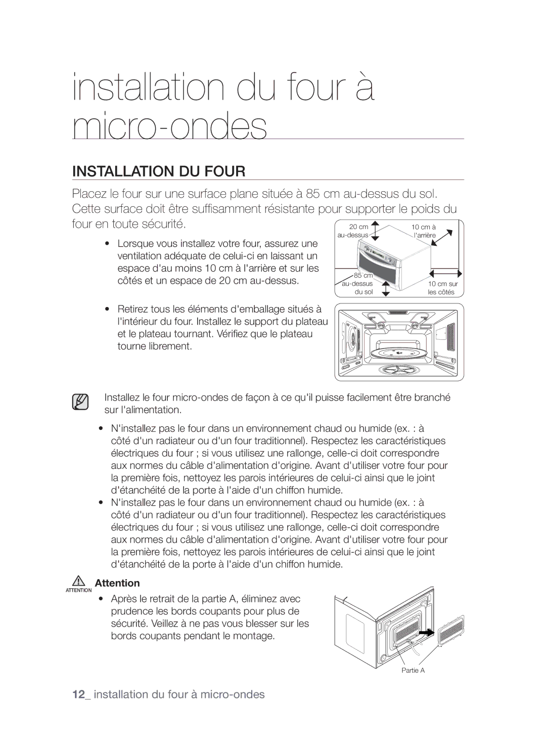 Samsung CP1395EST/XEF manual Installation du four à micro-ondes 